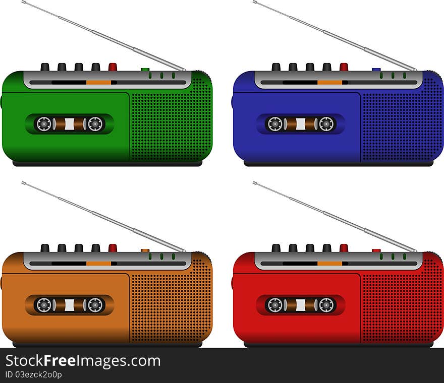 Layered vector illustration of tape recorder in different color with white background.