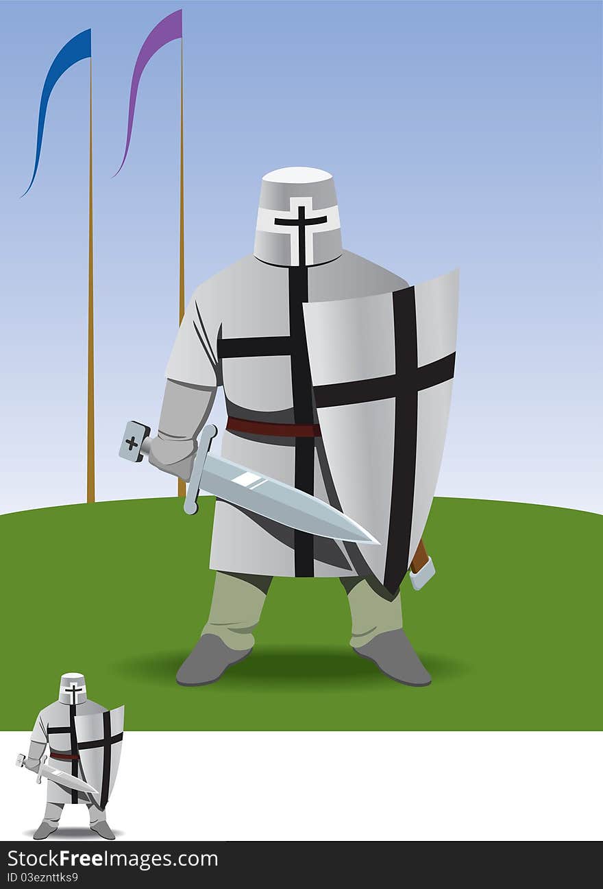 Knight crusader stands with sword in hand on green field