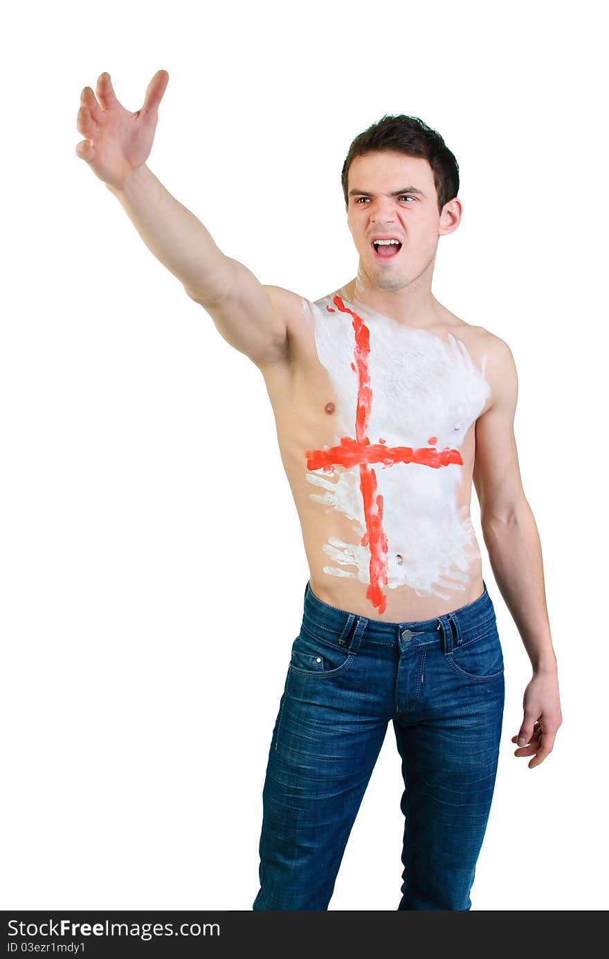 Young man with painted face cheering and supporting. Young man with painted face cheering and supporting