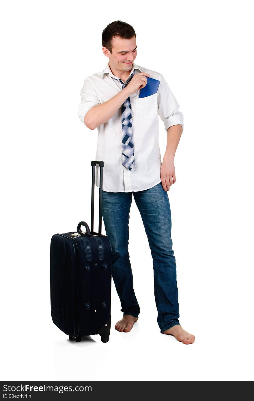 Young man with bag is going on vacation. Young man with bag is going on vacation