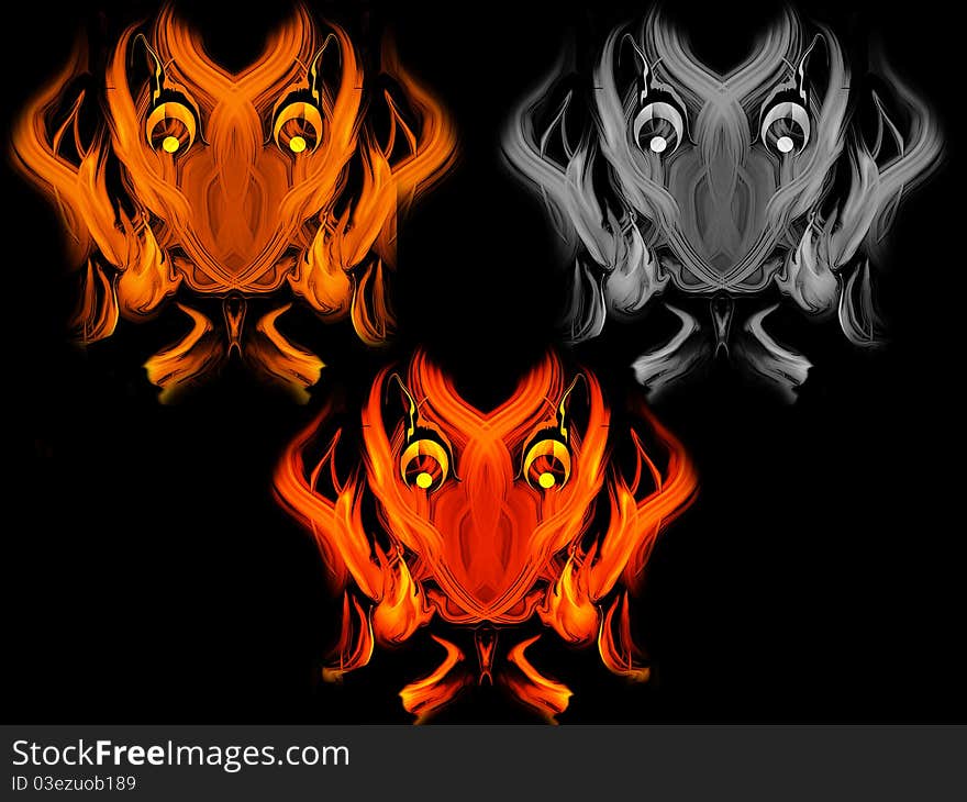 Abstract fiery devil faces on a black background