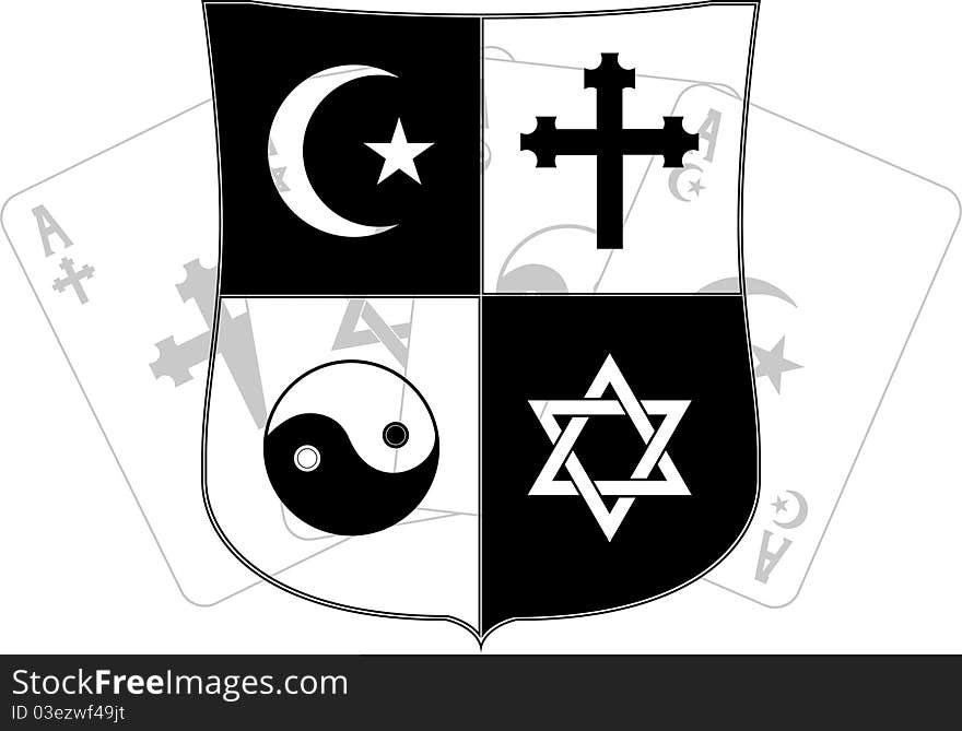 Stencil of shield and religious symbols