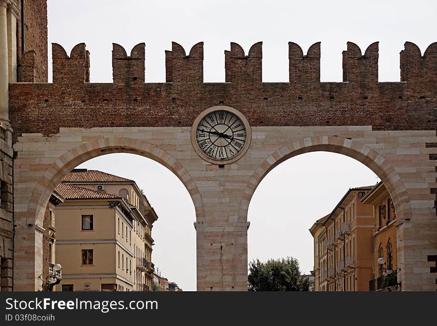 The Entrance and wall of the Piazza Bra in Verona, Veneto, Italy, Europe