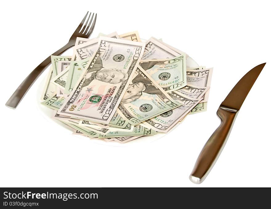 Isolated banknotes on the white plate with fork and knife. Isolated banknotes on the white plate with fork and knife