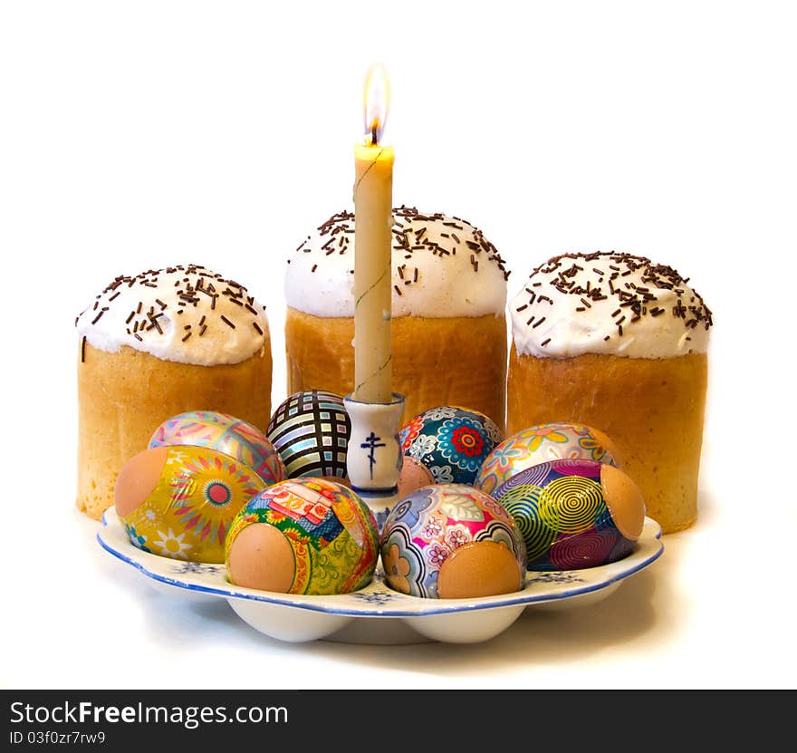 Easter cakes and eggs. Isolated white. Easter cakes and eggs. Isolated white