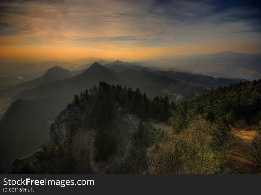 Peaks of the Pieniny Mountains at sunset