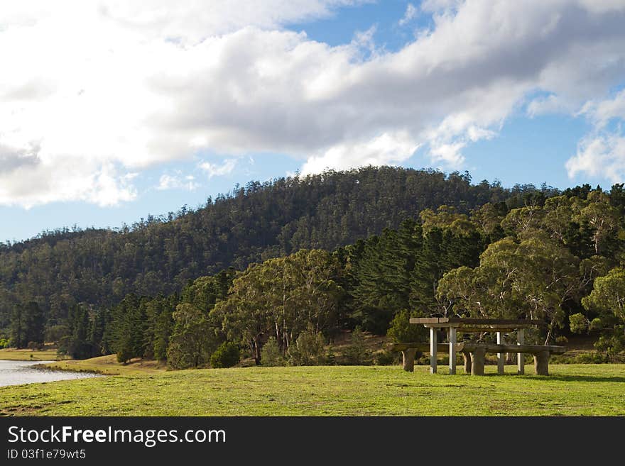 Picnic bench at Risdon Brook Dam in Tasmania. Picnic bench at Risdon Brook Dam in Tasmania.