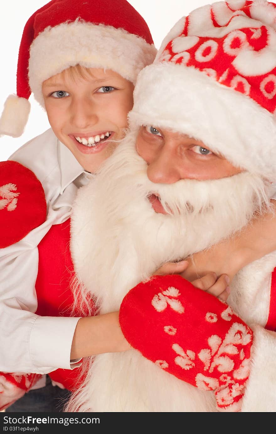 Santa with child on a white