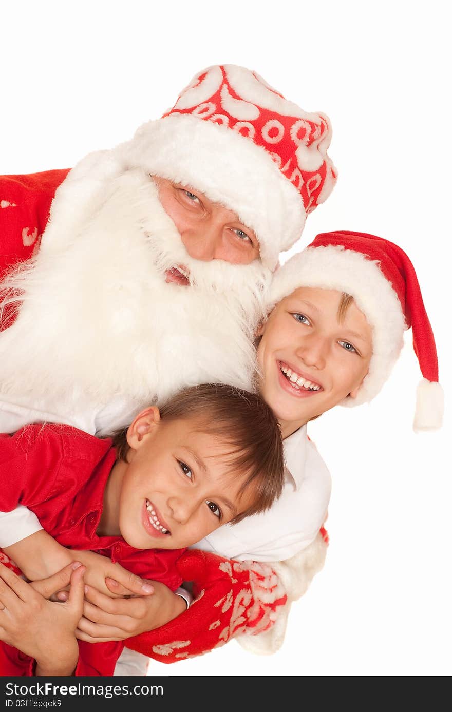 Santa with child on a white