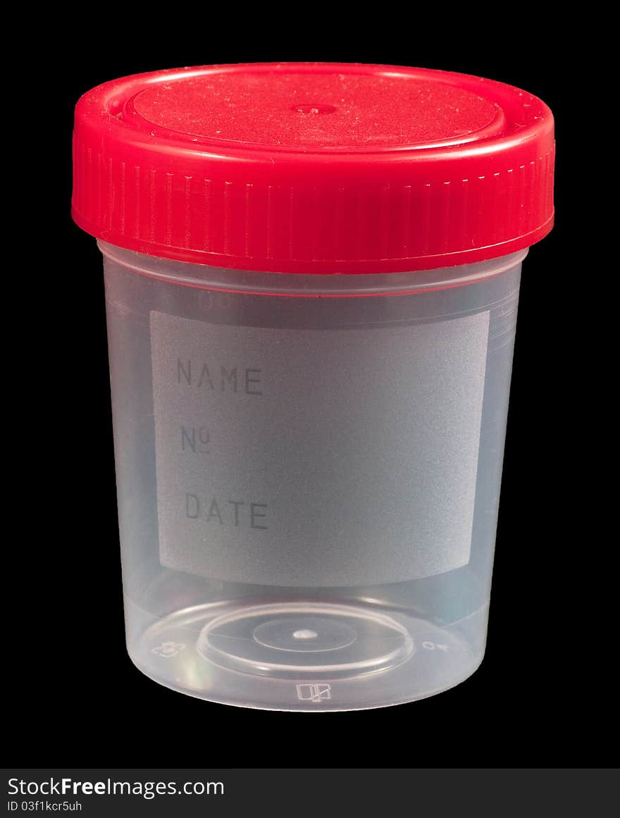 Empty urine sample container isolated on black