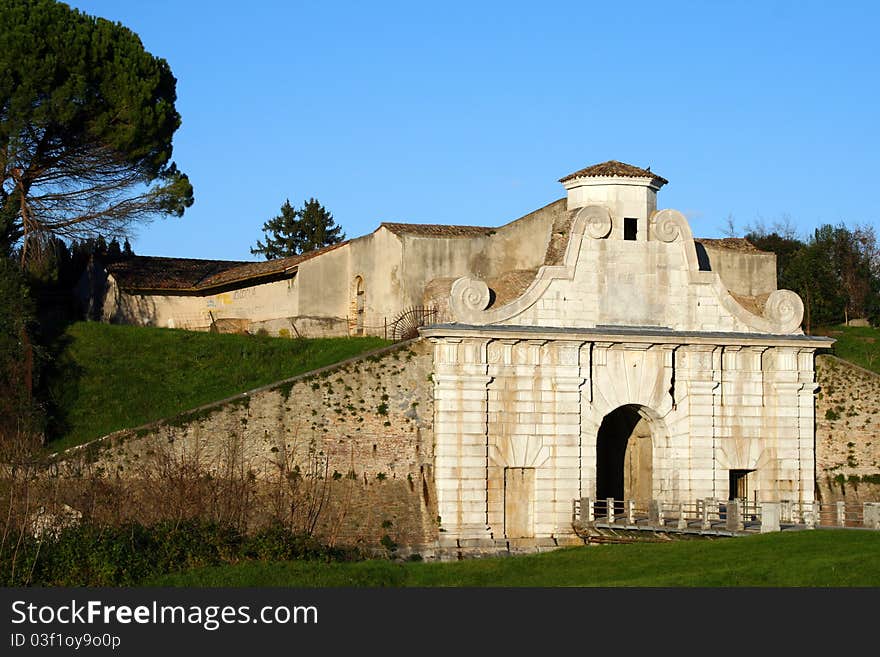 One of only three entrances to the town of Palmanova, a walled city in form of a star. One of only three entrances to the town of Palmanova, a walled city in form of a star.