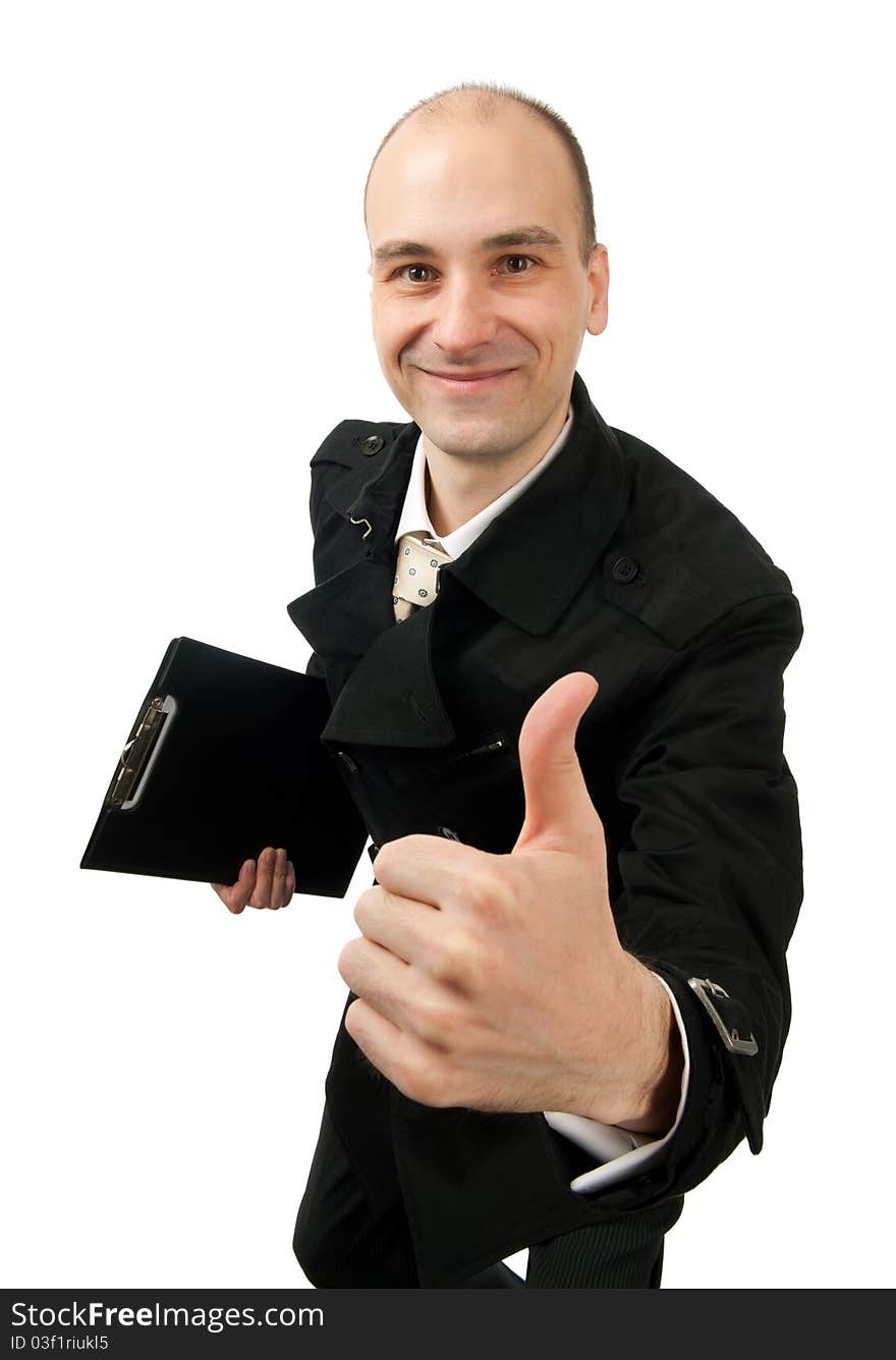 Business man going thumb up, isolated on white