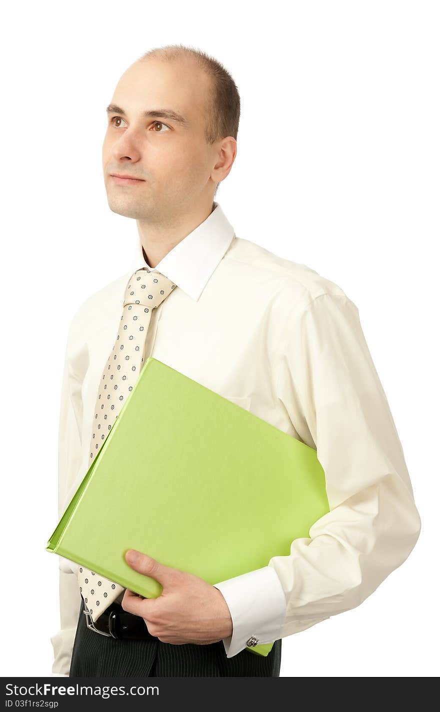 Portrait of young businessman with folder, isolated on white background