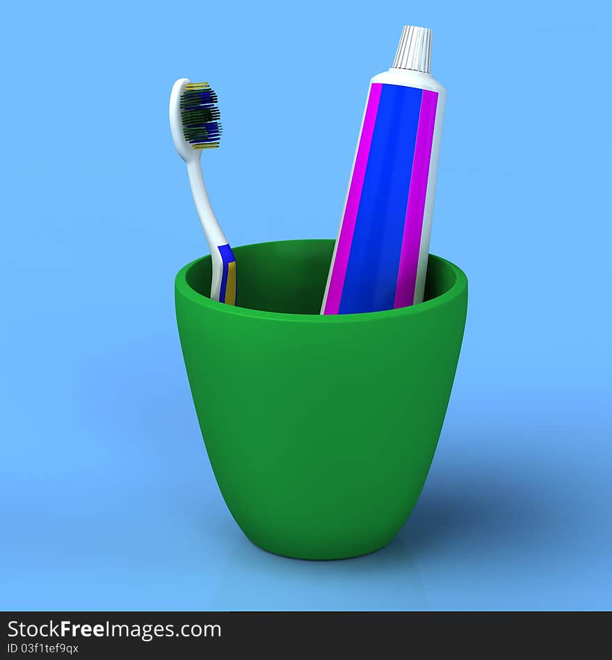 Toothbrush And Gel Toothpaste In  Green Cup