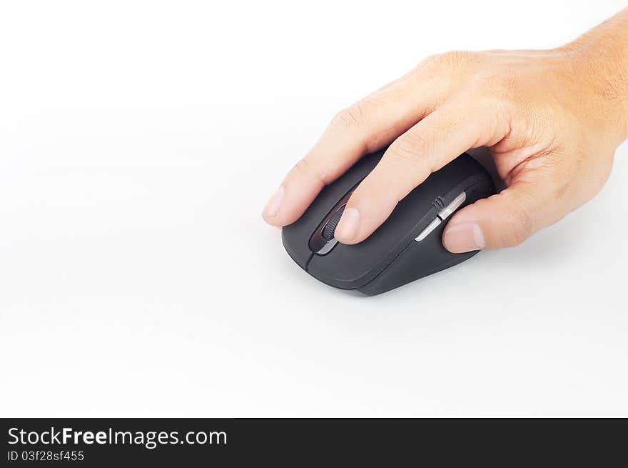 A right hand holding a mouse isolated with white background. A right hand holding a mouse isolated with white background