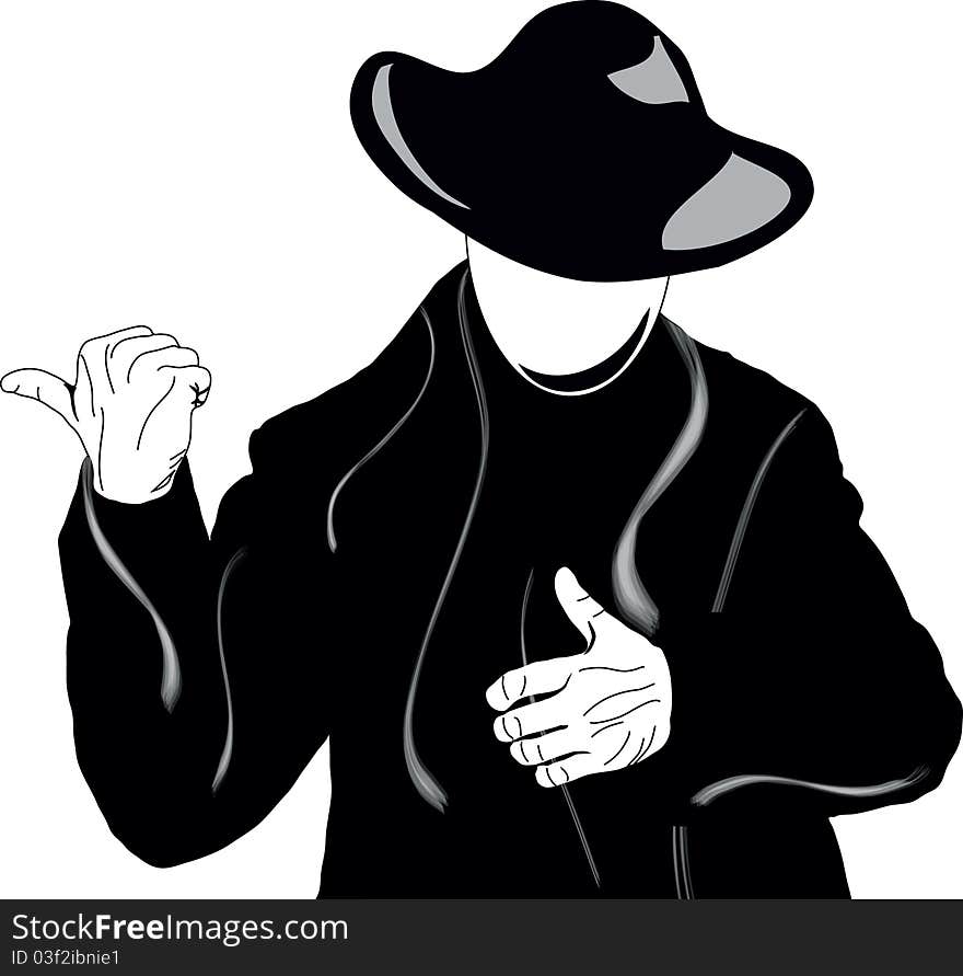 Vector illustration of a man in a black coat and hat, which shows the finger at something. Vector illustration of a man in a black coat and hat, which shows the finger at something