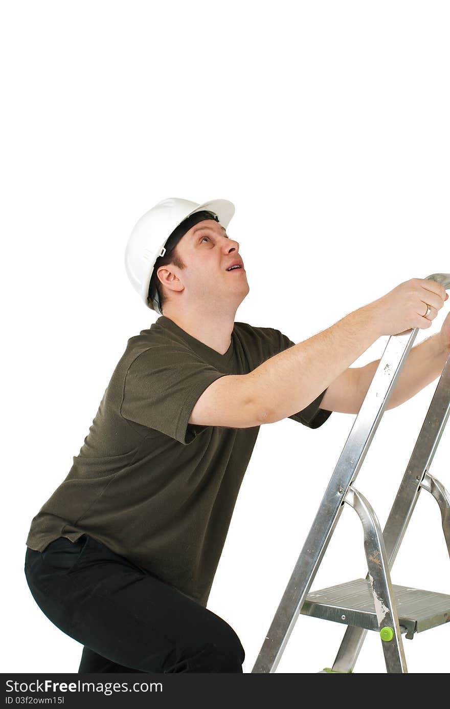 Worker climbing upwards upon ladder. Isolated on white.