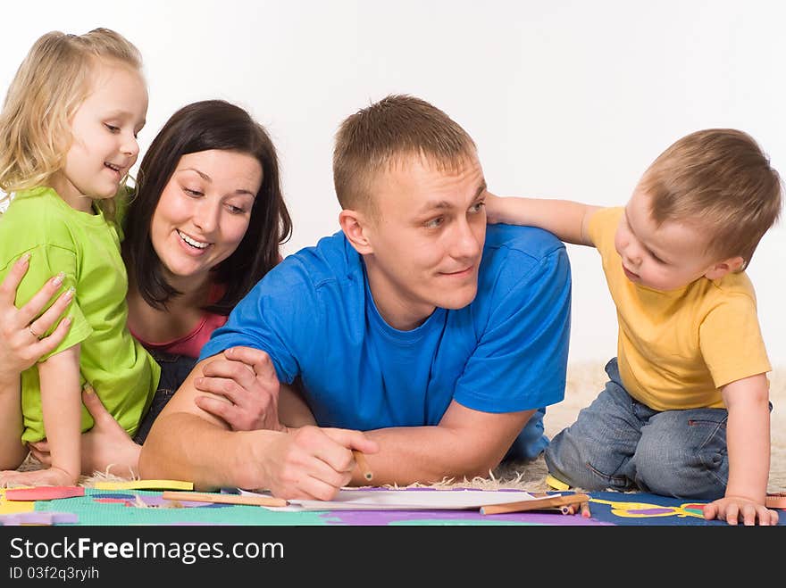 Nice family drawing on the carpet on white. Nice family drawing on the carpet on white