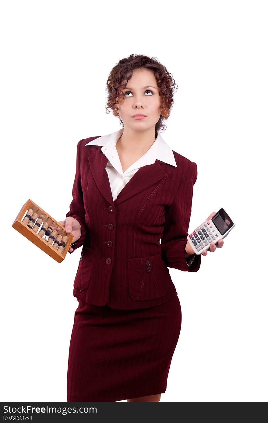 Business Woman Holding Abacus And Calculator.