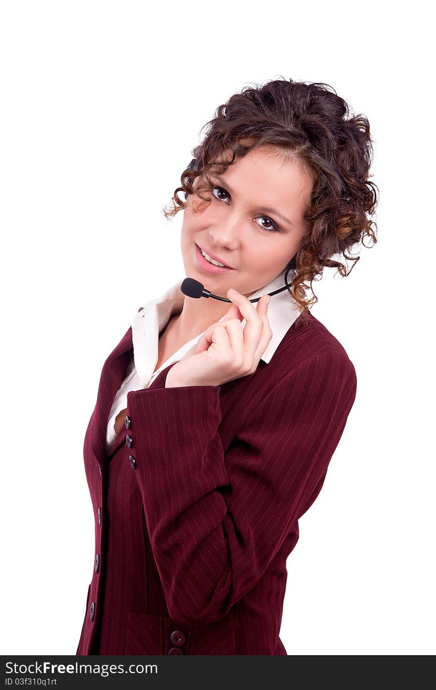 Telephone operator. Smiling Operator. Friendly Help white background.