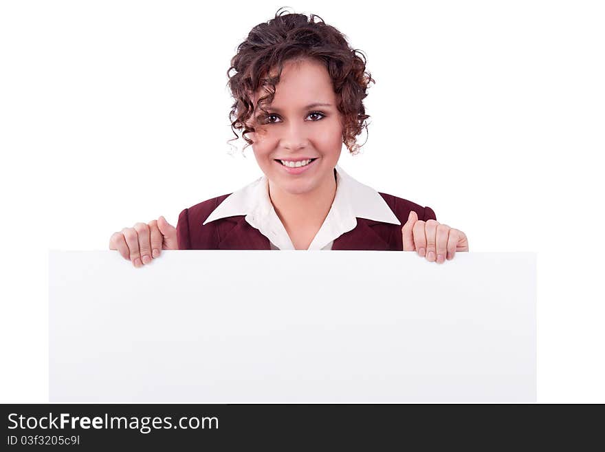 Portrait of a happy businesswoman holding white blank card against isolated white background. Portrait of a happy businesswoman holding white blank card against isolated white background.