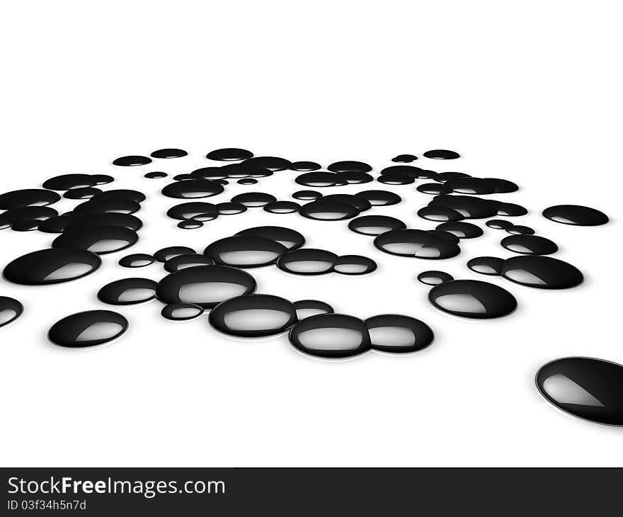 Black drops. 3d rendering, on a whte.