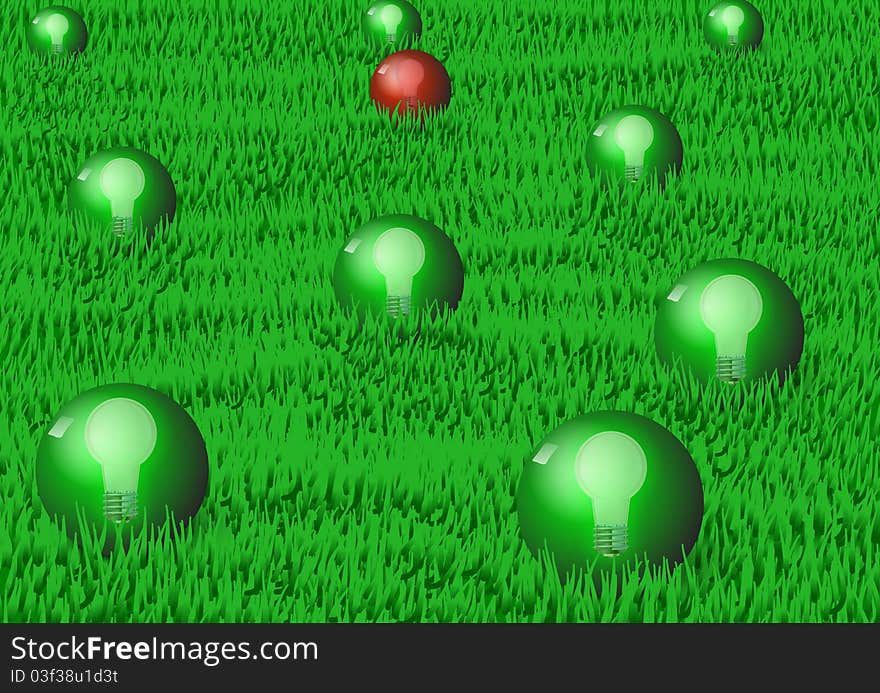 Group of green balls with bulbs inside them on a green grass field. Group of green balls with bulbs inside them on a green grass field