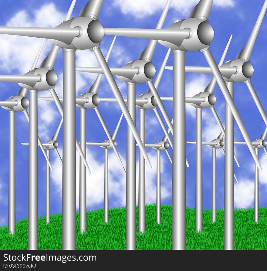 Group of wind turbines on a green grass field