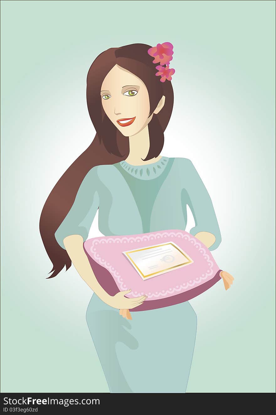 Illustraton of the girl with paper gift certificates. Illustraton of the girl with paper gift certificates