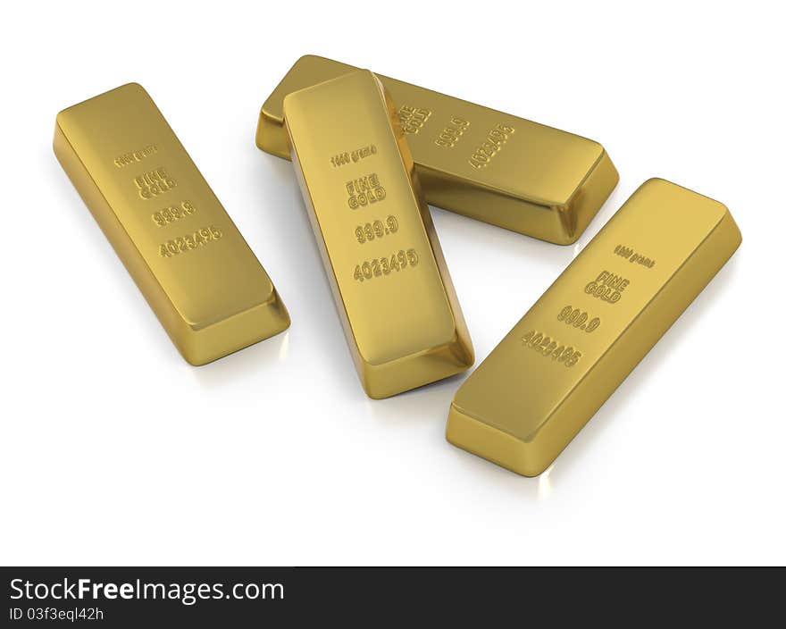 Gold ingots or bullion on white background