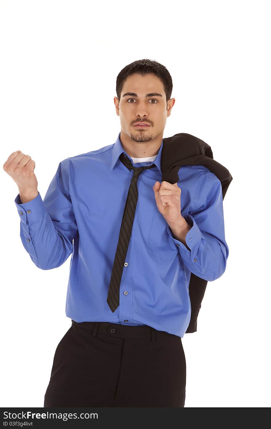 A business man is frustrated and holding his jacket over his shoulder. A business man is frustrated and holding his jacket over his shoulder.