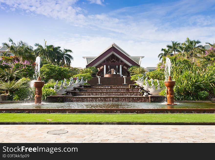 Elegant fountain in front of luxury hotel, Sanya, Hainan Island, South east China. Elegant fountain in front of luxury hotel, Sanya, Hainan Island, South east China.