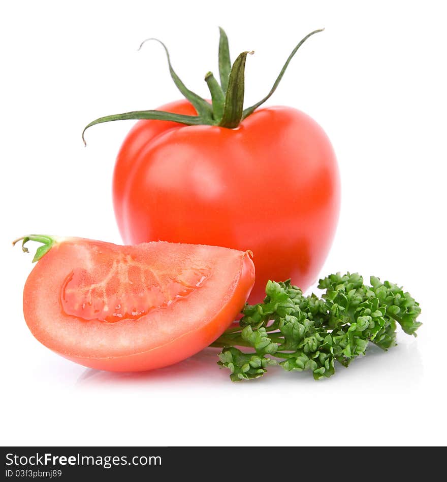 Fresh red tomato with cut isolated on whit