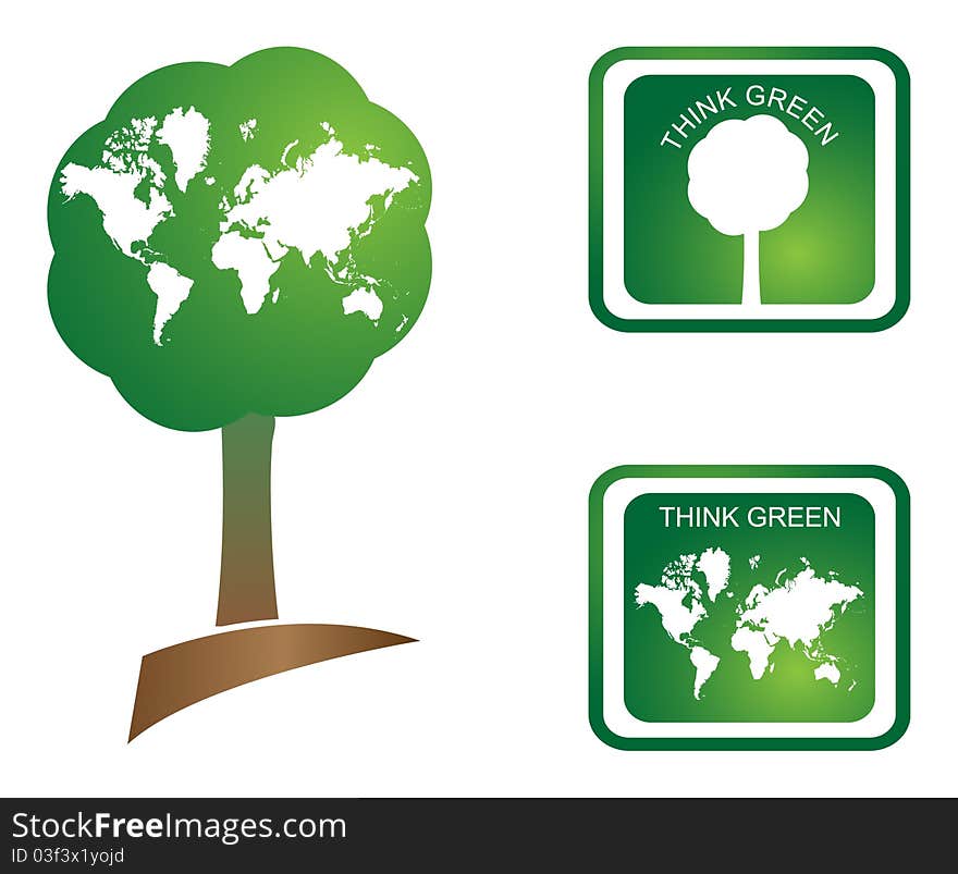 Tree and world map on think green concept