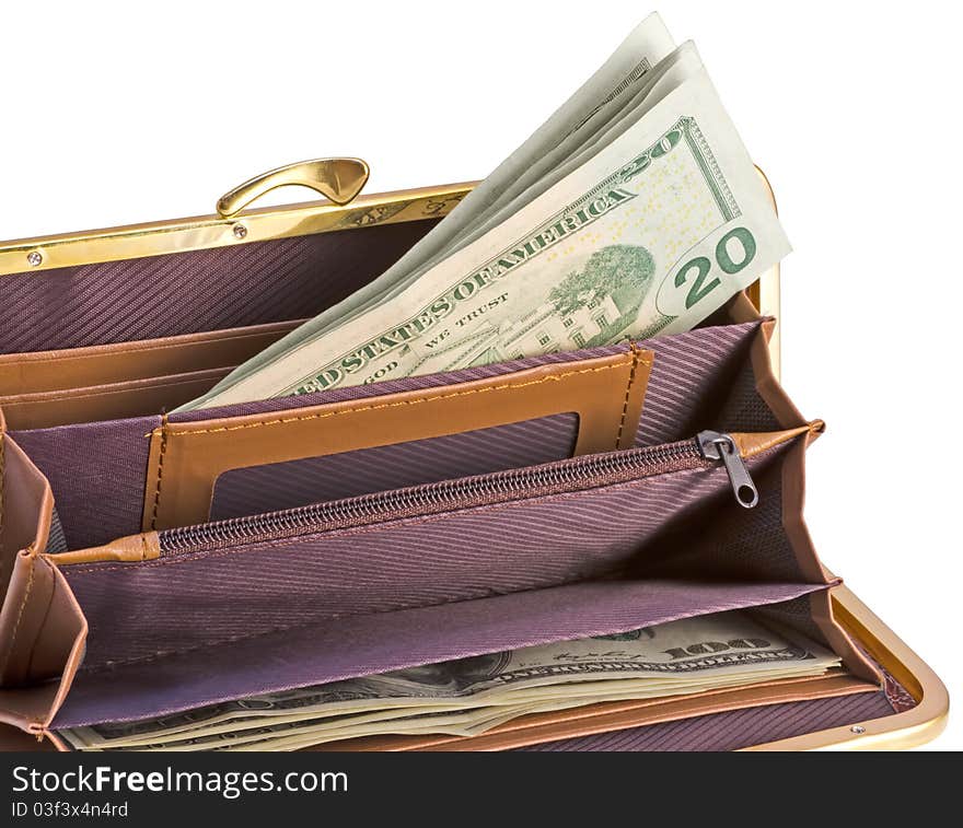 Women's Open wallet with banknotes. Isolated on a white background.