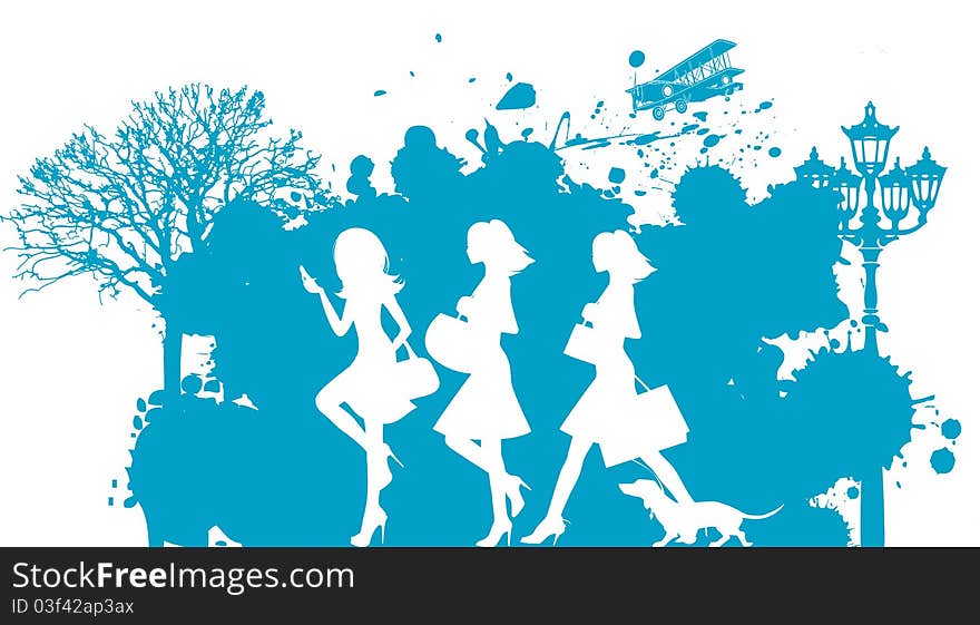 Raster version of illustration. Shopping girls. All elements and textures are individual objects. Vector illustration scale to any size.