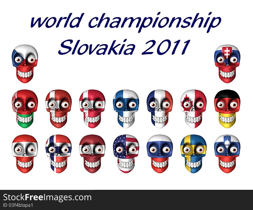 Computer generated 3D illustration of skulls with national symbols of ice hockey fans - world championship Slovakia 2011.