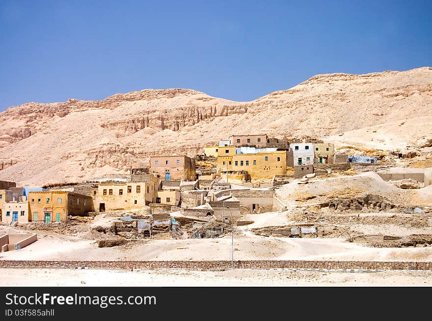 Settlement in mountains at road