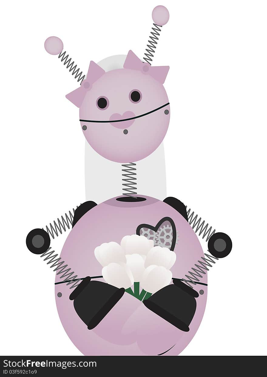 Pale Pink Robot Bride Holds Bouquet