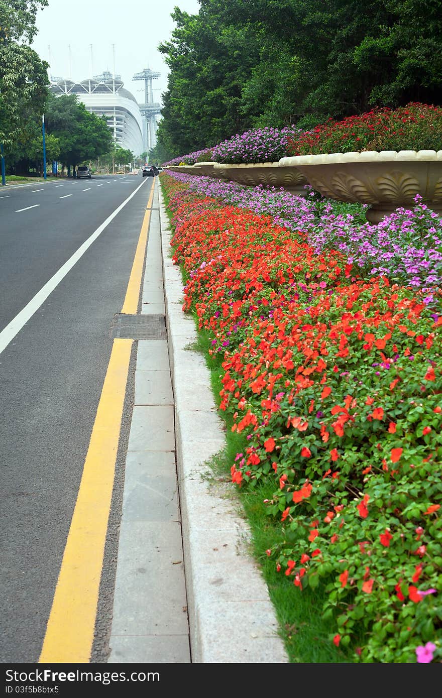 Flower bed beside road in Guangzhou City,China