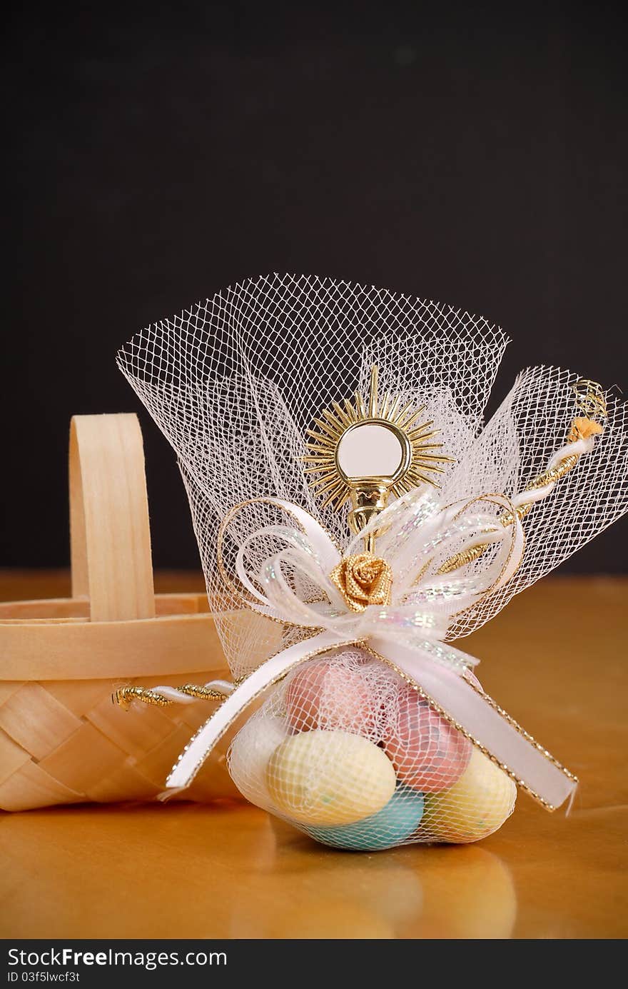 Egg Shaped Candies In Decorative Bag And Basket. Egg Shaped Candies In Decorative Bag And Basket