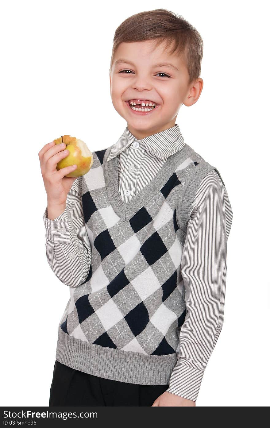 Little boy with apple. Isolated on white background.