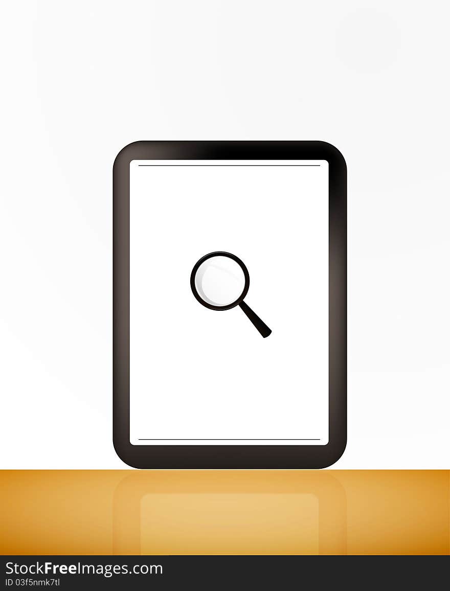 3d illustration of a magnifying glass hovering over a computer display showing a file folder. 3d illustration of a magnifying glass hovering over a computer display showing a file folder