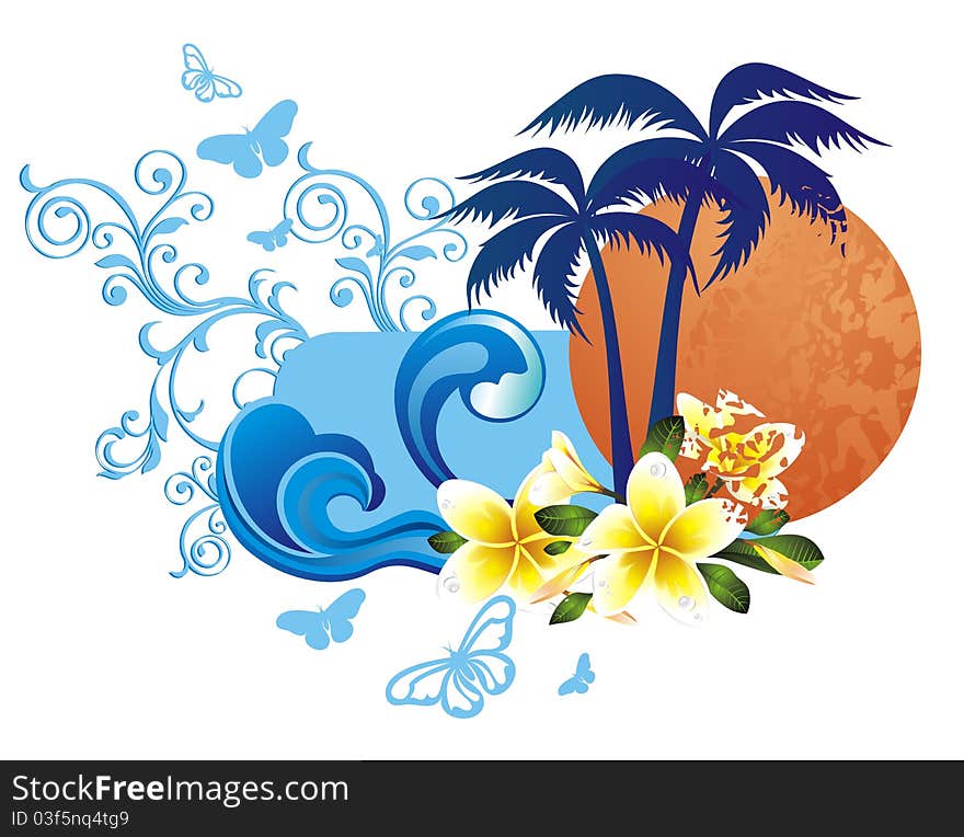 Summer tropical background with waves and flowers