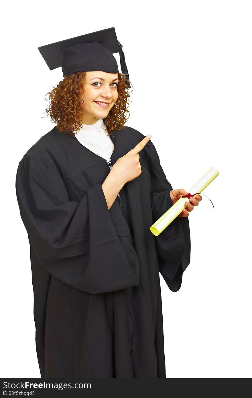 Happy graduation girl with diploma pointing right isolated over white background. Happy graduation girl with diploma pointing right isolated over white background