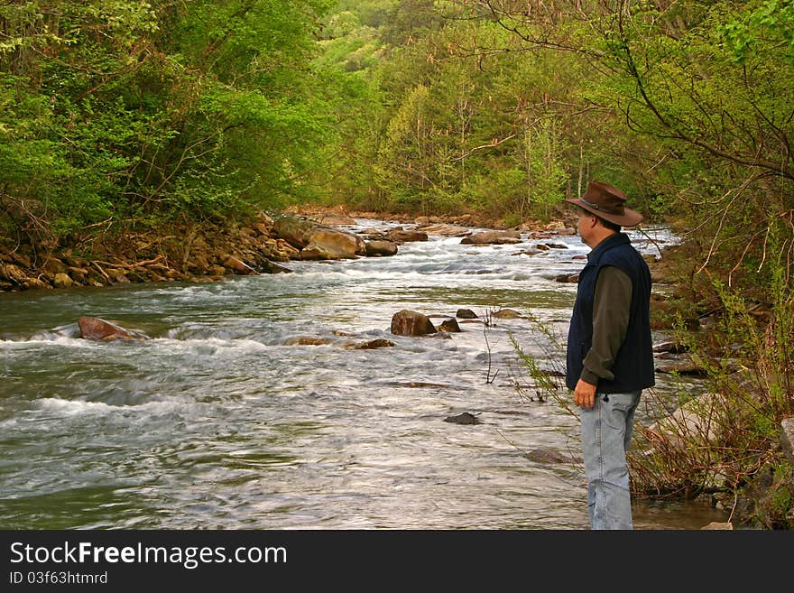 A hiker pauses by the bank of a creek in the early morning. A hiker pauses by the bank of a creek in the early morning