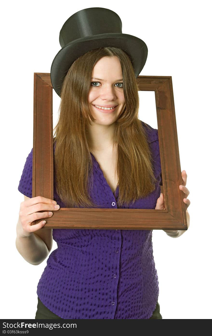 Attractive young woman with Chapeu Claque isolated on white background. Attractive young woman with Chapeu Claque isolated on white background