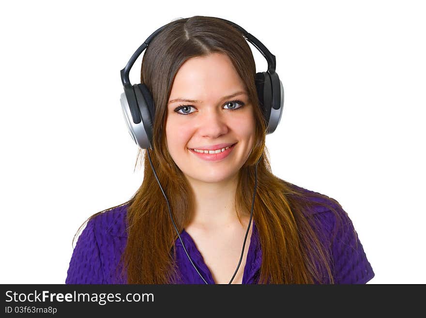 Beautiful young woman with headphones isolated on white background