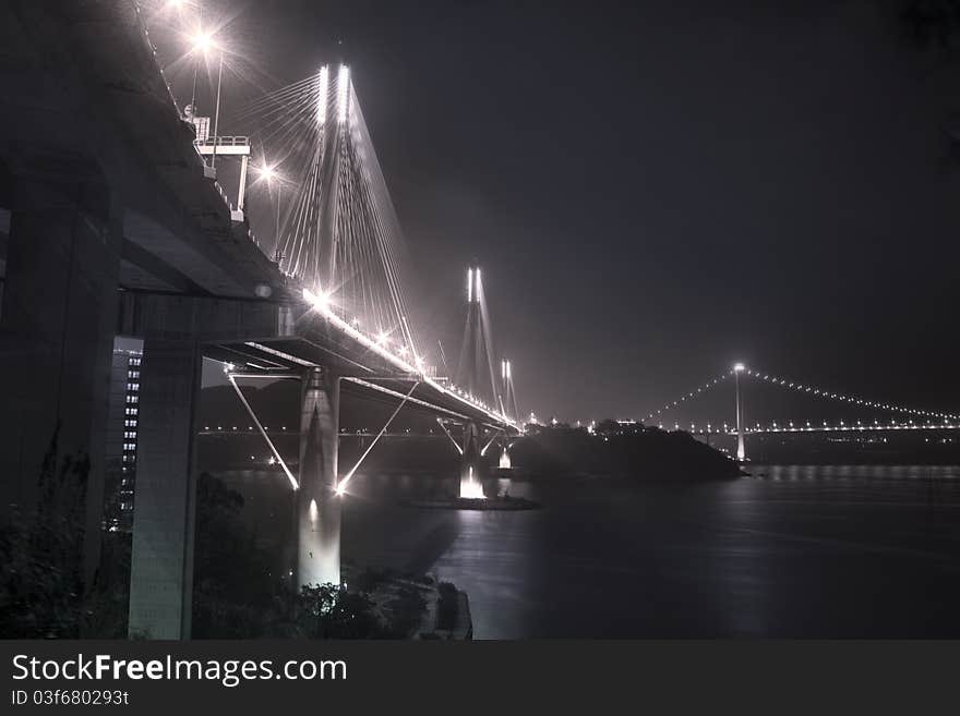 Ting Kau Bridge in Hong Kong at night.