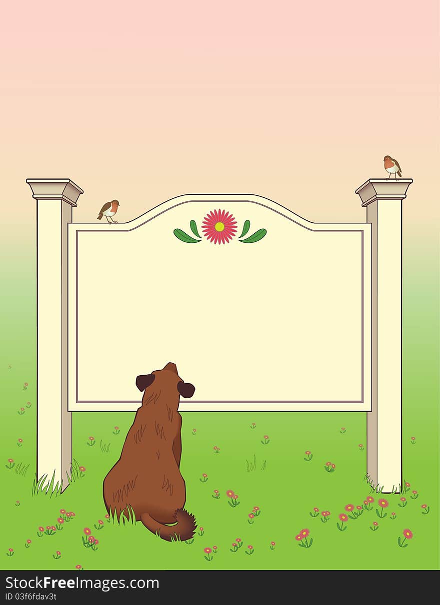 Dog sitting in field of daisies, looking up at blank signboard. Dog sitting in field of daisies, looking up at blank signboard.